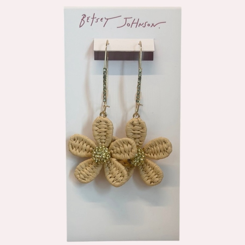 BETSEY JOHNSON Raffia & Crystals Dangling Boho Hippie Festival Earrings NEW NWT